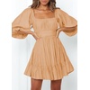 Dokotoo Womens Summer Dresses Square Neck Tie Back Lantern Sleeve Ruffle A-Line Casual Dress(3 Light Khaki)