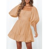 Dokotoo Womens Summer Dresses Square Neck Tie Back Lantern Sleeve Ruffle A-Line Casual Dress(3 Light Khaki)