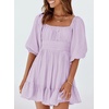 Dokotoo Womens Summer Dresses Square Neck Tie Back Lantern Sleeve Ruffle A-Line Casual Dress(3 Light Purple)