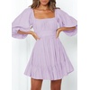 Dokotoo Womens Summer Dresses Square Neck Tie Back Lantern Sleeve Ruffle A-Line Casual Dress(3 Light Purple)