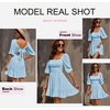 Dokotoo Womens Summer Dresses Square Neck Tie Back Lantern Sleeve Ruffle A-Line Casual Dress(6 Blue)