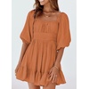 Dokotoo Womens Summer Dresses Square Neck Tie Back Lantern Sleeve Ruffle A-Line Casual Dress(8 Brown)