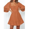 Dokotoo Womens Summer Dresses Square Neck Tie Back Lantern Sleeve Ruffle A-Line Casual Dress(8 Brown)