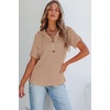 Dokotoo Womens Summer Tops Waffle Knit Short Sleeve Lightweight Drawstring Hoodies Button V Neck Casual Blouses Shirts(Apricot)