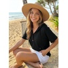 Dokotoo Womens Summer Tops Waffle Knit Short Sleeve Lightweight Drawstring Hoodies Button V Neck Casual Blouses Shirts(Black)