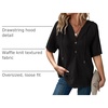 Dokotoo Womens Summer Tops Waffle Knit Short Sleeve Lightweight Drawstring Hoodies Button V Neck Casual Blouses Shirts(Black)