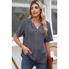 Dokotoo Womens Summer Tops Waffle Knit Short Sleeve Lightweight Drawstring Hoodies Button V Neck Casual Blouses Shirts(Dark Grey)