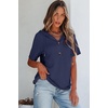 Dokotoo Womens Summer Tops Waffle Knit Short Sleeve Lightweight Drawstring Hoodies Button V Neck Casual Blouses Shirts(Navy Blue)