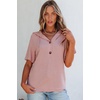 Dokotoo Womens Summer Tops Waffle Knit Short Sleeve Lightweight Drawstring Hoodies Button V Neck Casual Blouses Shirts(Pink)