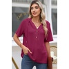 Dokotoo Womens Summer Tops Waffle Knit Short Sleeve Lightweight Drawstring Hoodies Button V Neck Casual Blouses Shirts(Pitaya Pink)