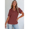 Dokotoo Womens Summer Tops Waffle Knit Short Sleeve Lightweight Drawstring Hoodies Button V Neck Casual Blouses Shirts(Red)