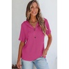 Dokotoo Womens Summer Tops Waffle Knit Short Sleeve Lightweight Drawstring Hoodies Button V Neck Casual Blouses Shirts(Rosy)