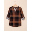 Dokotoo Womens Tops Plaid Cotton Cuffed 3/4 Sleeve Shirts Blouses(Brown)