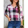 Dokotoo Womens Tops Plaid Cotton Cuffed 3/4 Sleeve Shirts Blouses(Pink)