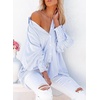 Dokotoo Womens V Neck Striped Button Down Shirts Long Sleeve Tunic Tops(Sky Blue)