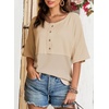 Dokotoo Womens Waffle Knit Tops 3/4 Sleeve Oversized Patchwork Blouses(Apricot)