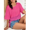 Dokotoo Womens Waffle Knit Tops 3/4 Sleeve Oversized Patchwork Blouses(Hot Pink)