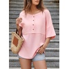Dokotoo Womens Waffle Knit Tops 3/4 Sleeve Oversized Patchwork Blouses(Pink)