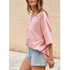 Dokotoo Womens Waffle Knit Tops 3/4 Sleeve Oversized Patchwork Blouses(Pink)