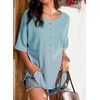 Dokotoo Womens Waffle Knit Tops 3/4 Sleeve Oversized Patchwork Blouses(Sky Blue)