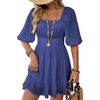 Dokotoo Womens Summer Dresses Square Neck Tie Back Lantern Sleeve Ruffle A-Line Casual Dress(3 Blue)