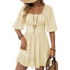 Dokotoo Womens Summer Dresses Square Neck Tie Back Lantern Sleeve Ruffle A-Line Casual Dress(7 Beige)