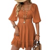Dokotoo Womens Summer Dresses Square Neck Tie Back Lantern Sleeve Ruffle A-Line Casual Dress(8 Brown)