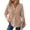 Dokotoo Womens Summer Tops Waffle Knit Short Sleeve Lightweight Drawstring Hoodies Button V Neck Casual Blouses Shirts(Apricot)