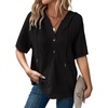 Dokotoo Womens Summer Tops Waffle Knit Short Sleeve Lightweight Drawstring Hoodies Button V Neck Casual Blouses Shirts(Black)