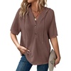 Dokotoo Womens Summer Tops Waffle Knit Short Sleeve Lightweight Drawstring Hoodies Button V Neck Casual Blouses Shirts(Coffee)