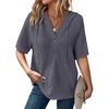 Dokotoo Womens Summer Tops Waffle Knit Short Sleeve Lightweight Drawstring Hoodies Button V Neck Casual Blouses Shirts(Dark Grey)