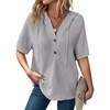 Dokotoo Womens Summer Tops Waffle Knit Short Sleeve Lightweight Drawstring Hoodies Button V Neck Casual Blouses Shirts(Grey)