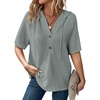 Dokotoo Womens Summer Tops Waffle Knit Short Sleeve Lightweight Drawstring Hoodies Button V Neck Casual Blouses Shirts(Mist Green)
