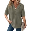 Dokotoo Womens Summer Tops Waffle Knit Short Sleeve Lightweight Drawstring Hoodies Button V Neck Casual Blouses Shirts(Moss Green)