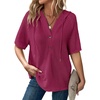 Dokotoo Womens Summer Tops Waffle Knit Short Sleeve Lightweight Drawstring Hoodies Button V Neck Casual Blouses Shirts(Pitaya Pink)