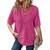 Dokotoo Womens Summer Tops Waffle Knit Short Sleeve Lightweight Drawstring Hoodies Button V Neck Casual Blouses Shirts(Rosy)