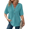 Dokotoo Womens Summer Tops Waffle Knit Short Sleeve Lightweight Drawstring Hoodies Button V Neck Casual Blouses Shirts(Sky Blue)