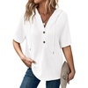 Dokotoo Womens Summer Tops Waffle Knit Short Sleeve Lightweight Drawstring Hoodies Button V Neck Casual Blouses Shirts(White)