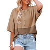 Dokotoo Womens Waffle Knit Tops 3/4 Sleeve Oversized Patchwork Blouses(Beige)