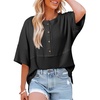 Dokotoo Womens Waffle Knit Tops 3/4 Sleeve Oversized Patchwork Blouses(Black)