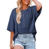 Dokotoo Womens Waffle Knit Tops 3/4 Sleeve Oversized Patchwork Blouses(Blue)