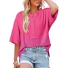 Dokotoo Womens Waffle Knit Tops 3/4 Sleeve Oversized Patchwork Blouses(Hot Pink)