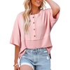 Dokotoo Womens Waffle Knit Tops 3/4 Sleeve Oversized Patchwork Blouses(Pink)