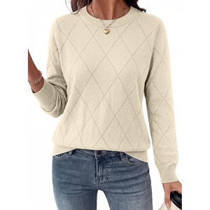 Dokotoo Sweaters for Women Long Sleeve Crewneck Diamond Hollow Out Lightweight Pullover Sweater Tops Fall Outfits(Apricot)