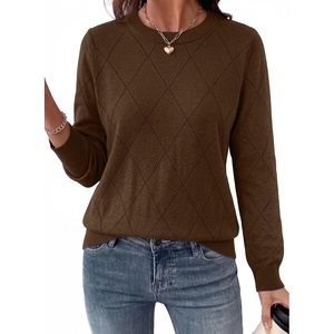 Dokotoo Sweaters for Women Long Sleeve Crewneck Diamond Hollow Out Lightweight Pullover Sweater Tops Fall Outfits(Brown)