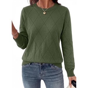 Dokotoo Sweaters for Women Long Sleeve Crewneck Diamond Hollow Out Lightweight Pullover Sweater Tops Fall Outfits(Green)