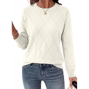 Dokotoo Sweaters for Women Long Sleeve Crewneck Diamond Hollow Out Lightweight Pullover Sweater Tops Fall Outfits(White)