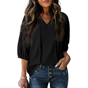 Dokotoo Women Blouses Dressy Casual Embroidered 3/4 Length Sleeve Womens Tops Tassel Tie V Neck Waffle Knit Shirts(Black)