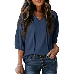 Dokotoo Women Blouses Dressy Casual Embroidered 3/4 Length Sleeve Womens Tops Tassel Tie V Neck Waffle Knit Shirts(Dusk Blue)