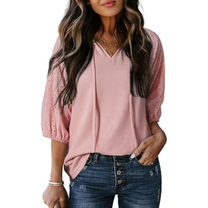 Dokotoo Women Blouses Dressy Casual Embroidered 3/4 Length Sleeve Womens Tops Tassel Tie V Neck Waffle Knit Shirts(Gossamer Pink)